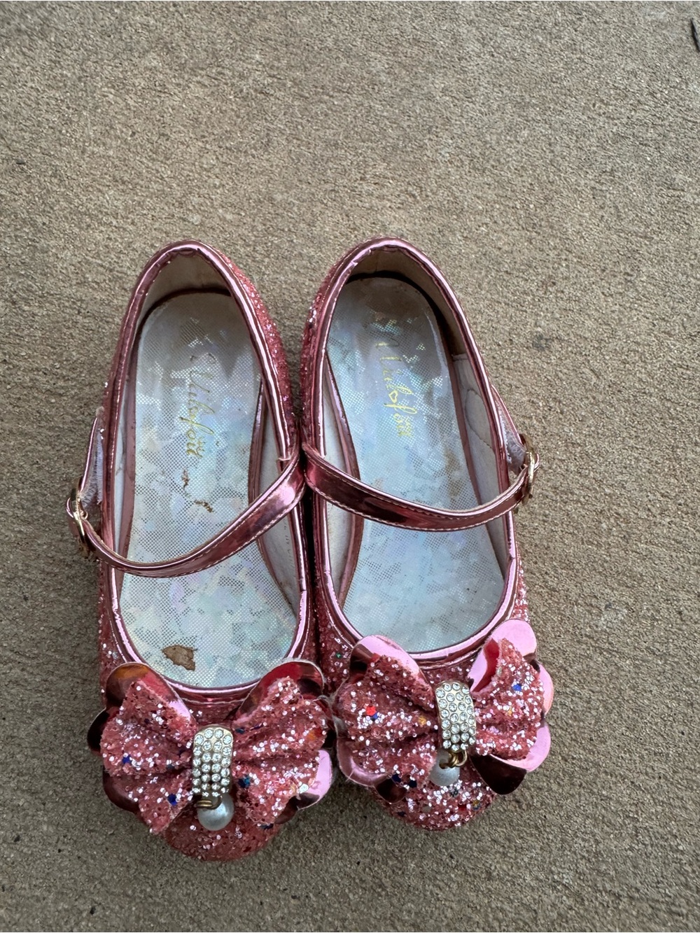 Girls Pink Glitter Mary Jane Dress Shoes with Bow & Rhinestones, Size 10